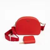 Bandolera roja con doble compartimento superior con cierre, correa ancha de tela regulable y monedero cuadrado con cierre y mosquetón.