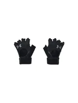 Guantes de entrenamiento Under Armour negros con logo gris en el dorso, sin dedos y con muñequera ajustable.