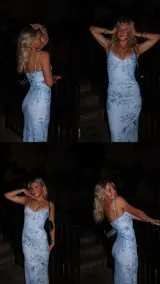 Vestido midi celeste con estampado floral en tonos azules y blancos, de breteles finos y corte al cuerpo.