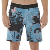 Short de baño Rip Curl Mirage Mason Raw Energy de 19 pulgadas, color celeste con estampado abstracto en negro y naranja.