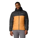 Campera puffer Columbia Powder Lite II, con capucha ajustable y bolsillos con cremallera. Diseño color block, con la parte superior negra y la inferior color mostaza.