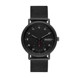 Reloj Skagen modelo Kuppel con caja de acero inoxidable negra de 44mm de diámetro, esfera negra con acabado sandblast, segundero pequeño y malla metálica negra de 22mm de ancho.