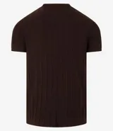 Remera de manga corta color marrón, con cuello redondo y textura acanalada vertical. Confeccionada en viscosa y poliamida.