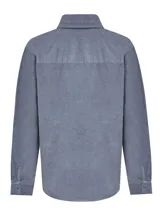Camisa azul de cotelé de algodón orgánico, con calce holgado, cierre de botones a presión, cuello camisero y mangas largas.