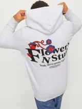 Hoodie gris melange con estampado en la espalda de un texto con flores y dibujos animados.