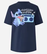 Remera azul marino de algodón con estampado de Stitch comiendo un helado y la frase "Chilled Vibes".