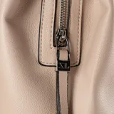 Cartera tipo tote de símil cuero color taupe, con doble asa corta y correa larga regulable con estampado de letras multicolor. Tiene cierre principal con botón imantado y solapa con logo XL grabado.