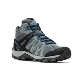 Bota de trekking Merrell Accentor 3 Mid WP para hombre, color gris con detalles en negro y azul. Fabricada con membrana impermeable, capellada de ante y malla reciclada, puntera de goma protectora y suela de goma adherente.