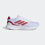 Championes de running Adidas modelo Runfalcon 5, color blanco con detalles en rojo. Cuentan con una parte superior de malla transpirable, mediasuela Cloudfoam para mayor amortiguación y suela Adiwear resistente al desgaste.