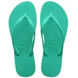 Sandalias Havaianas Slim color verde militar, con suela texturizada y tiras finas con logo en relieve.