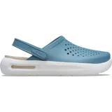 Zuecos Crocs modelo InMotion, con diseño deportivo y ergonómico. Presentan una parte superior perforada en color azul con tecnología Free Feel™ para mayor flexibilidad y una suela gruesa de plataforma en color blanco con amortiguación LiteRide™.