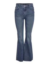 Jean slim flared fit de tiro alto color azul denim, con pierna acampanada y cierre de botón y cremallera. Confeccionado en denim de sarga.