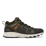 Botas de senderismo Columbia Peakfreak II Mid, color verde oliva con detalles en negro y naranja. Fabricadas con tecnología OutDry™ impermeable y transpirable, entresuela TechLite+™ para amortiguación y suela Adapt Trax™ para tracción.