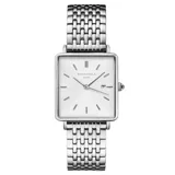 Reloj Rosefield modelo The Boxy QWSS-Q08, con caja cuadrada de acero plateado y esfera blanca. La correa es de malla de acero inoxidable plateada.