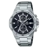 Reloj Casio Edifice con caja y correa de acero inoxidable plateado, cuadrante negro con cronógrafo y detalles en blanco. Resistente al agua 100m.