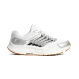 Championes deportivos Skechers Go Run Consistent 2.0 para mujer, color blanco con detalles plateados y suela marrón.