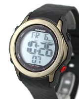 Reloj Mistral deportivo con correa de silicona negra y caja dorada. Pantalla digital con visualización de hora, fecha y cronómetro. Resistente al agua.