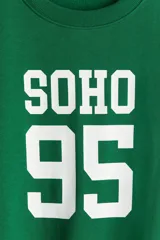 Buzo verde con cuello redondo, puños y bajo acanalados. Estampado frontal con la palabra "SOHO" y el número "95" en color blanco.