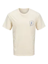 Camiseta color crema de manga corta y cuello redondo con estampado azul de un pollo cocinero.