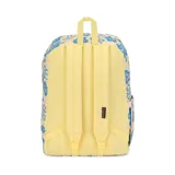 Mochila Jansport Superbreak de 26 litros con estampado floral en tonos celeste, azul y amarillo.