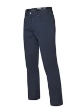 Pantalón de vestir azul marino, de corte recto, con bolsillos laterales y traseros.