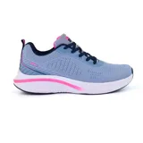 Championes deportivos Hi-Tec Skye, color celeste con detalles en rosa y negro, confeccionados en malla transpirable con suela de goma.