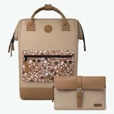 Mochila en color beige con sistema MOLLE, compartimento acolchado para dispositivos electrónicos y tirantes acolchados.