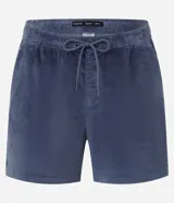 Bermuda de terciopelo color crema, corte runner, con cintura elástica, cordón ajustable y bolsillos laterales.