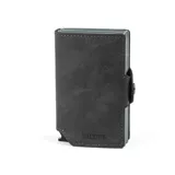 Billetera de cuero negro con doble compartimento de aluminio para tarjetas, con sistema de deslizamiento y tecnología RFID.