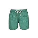 Short de baño verde con estampado de peces azules, de secado rápido.