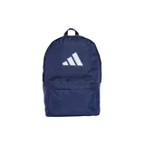 Mochila Adidas Classic 3 Barras Logo, color azul marino con logo de Adidas en blanco. Tiene un compartimento principal con cierre, un bolsillo frontal con cierre, dos bolsillos laterales sin cierre y correas acolchadas ajustables.