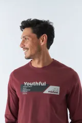 Remera gris de manga larga con cuello redondo y estampado frontal con la palabra 'Youthful' y el logo de Mistral.