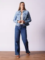 Campera de jean celeste, marca Baccini, con cuello solapa, bolsillos delanteros y cierre frontal con botones metálicos.
