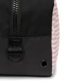 Botinera Nike unisex con estampado a rayas rosas y blancas, logo Nike negro y detalles en negro.
