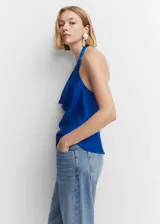 Top satinado de viscosa color azul, con cuello drapeado y tirantes finos, diseño recto y escote en la espalda.