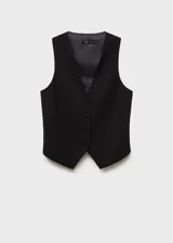 Chaleco negro con cuello en V, sin mangas y cierre frontal con botones. Diseño crop y corte recto.