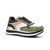 Championes urbanos Korium Judith con plataforma, combinados en verde oliva, blanco, beige, negro y detalles dorados.