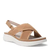 Sandalias de mujer color beige con plataforma blanca. Presentan tiras anchas cruzadas en la parte del empeine, confeccionadas en tejido de punto. Cuentan con tira ajustable con hebilla en el talón.