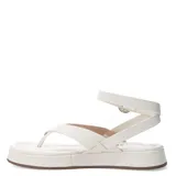 Sandalia blanca con plataforma, tira delantera y pulsera con hebilla al tobillo.