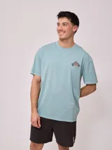 Remera de algodón con lavado, color celeste verdoso, de corte holgado (loose fit) y cuello redondo. Presenta un pequeño estampado gráfico en el pecho.