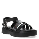 Sandalias de plataforma rosa con tira metalizada, diseño abierto y hebilla lateral.