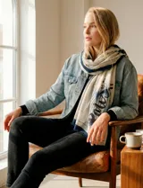 Pashmina estampada en tonos crudos y azul marino, con diseño tipográfico que incluye la palabra "Paris" y detalles de pinceladas.