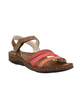 Sandalia de cuero color marrón con tiras en degradé de rojo a naranja y ajuste con velcro en el tobillo. Suela de goma.