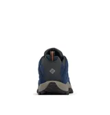 Zapatilla de trekking Columbia modelo Crestwood Waterproof, color azul marino con detalles en azul claro y cordones con toques naranjas. Presenta una construcción impermeable con tecnología Omni-Tech, entresuela TechLite para amortiguación y suela Omni-Grip para tracción todo terreno.