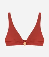 Top de bikini color ladrillo, modelo triángulo fijo alargado, con breteles ajustables y piedra decorativa en el centro.