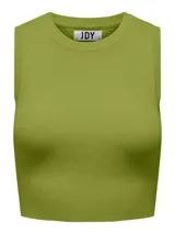 Top verde oliva de tejido de punto acanalado, con cuello redondo y sisas anchas.