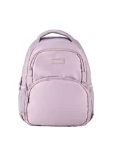 Mochila color verde militar con diseño moderno y funcional. Cuenta con un amplio compartimento principal con cierre reforzado, un bolsillo frontal grande y bolsillos laterales de red elástica. Las correas son ajustables y acolchadas, y la parte trasera y las tiras tienen material respirable.