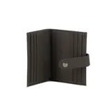 Billetera monedero de cuero negro con broche metálico y logo grabado en la esquina inferior izquierda.