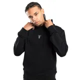 Canguro negro con capucha y cordones ajustables. Estampado con logo en el pecho.