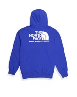 Buzo canguro azul con capucha y cordones ajustables. Logotipo de The North Face estampado en blanco en el pecho.